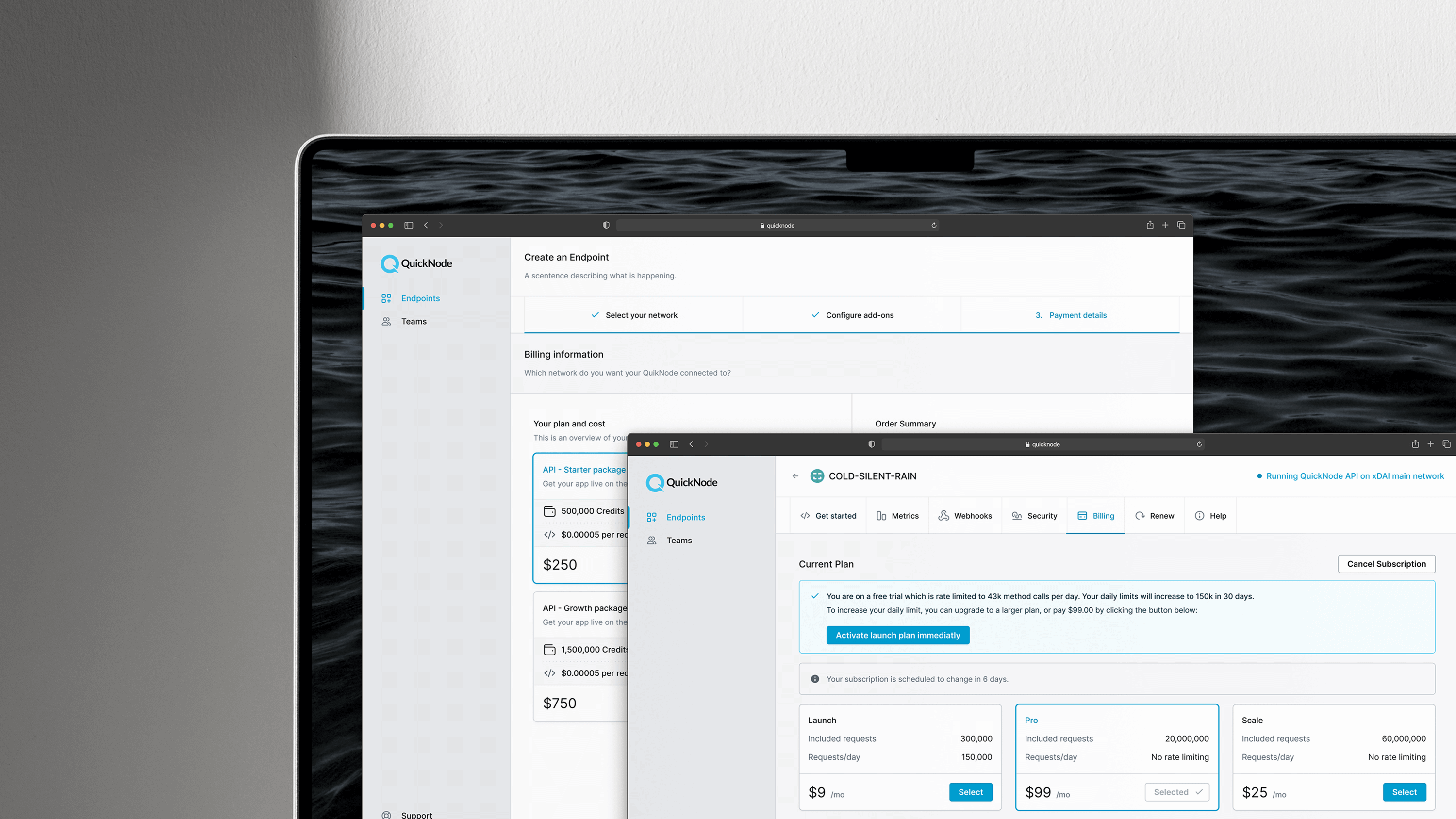 Mockup of the dashboard screens for QuickNode, a blockchain infrastructure tool.